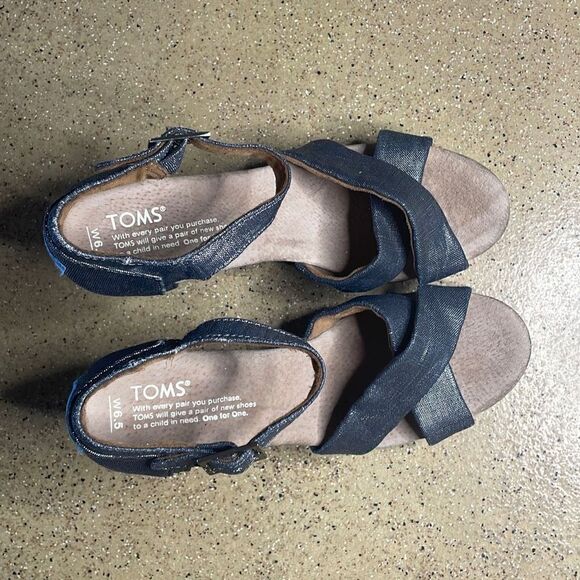 TOMS Sienna Metallic Denim Strappy Wedge Sandals NEW sz 6.5 - Picture 5 of 12